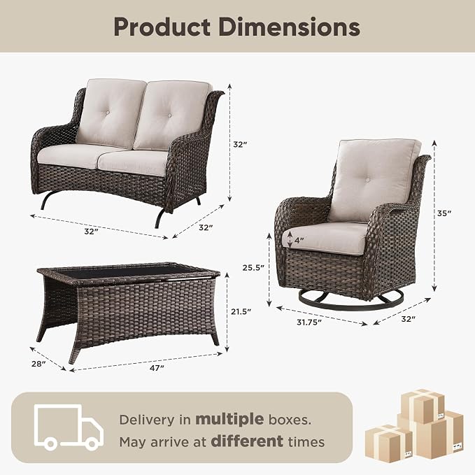 Belord 4 Piece Patio Wicker Furniture Set, Outdoor Swivel Rocker Chairs, All Weather Outdoor Patio Loveseat with Cushion and Coffee Table for Deck Porch, Brown Wicker/Beige