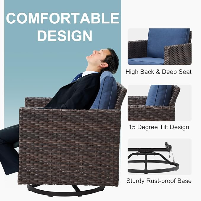 Belord Patio Conversation Set with Swivel Glider Chairs - 9 Piece Outdoor Sectional Furniture Set with Storage Box and Metal Top Table Brown Wicker/Blue Cushions