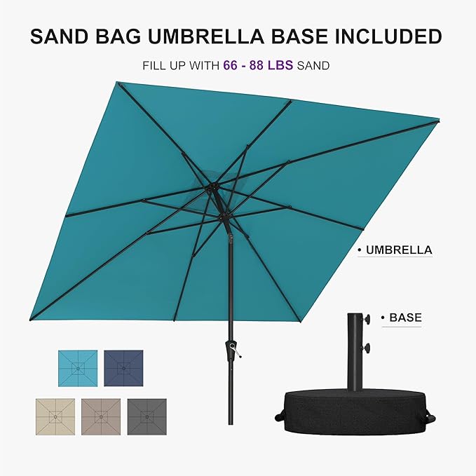 PURPLE LEAF 8' x 8' Square Patio Umbrella Outdoor Table Umbrella Aluminum Frame Market Umbrella with 8 Sturdy Ribs & Tilt for Garden Deck Lawn Pool Turquoise Blue