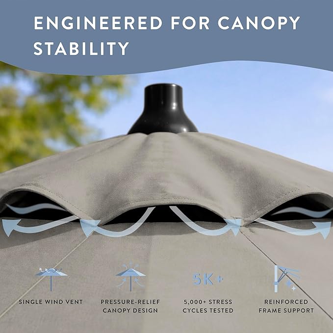 California Umbrella 8-Year Protection 9 Ft Outdoor Patio Umbrella, Solstice Fade-Resistant Fabric, Auto-Tilt, Heavy Duty Aluminum Frame, 8 Reinforced Ribs for Pool or Deck, Black Pole, Woven Granite