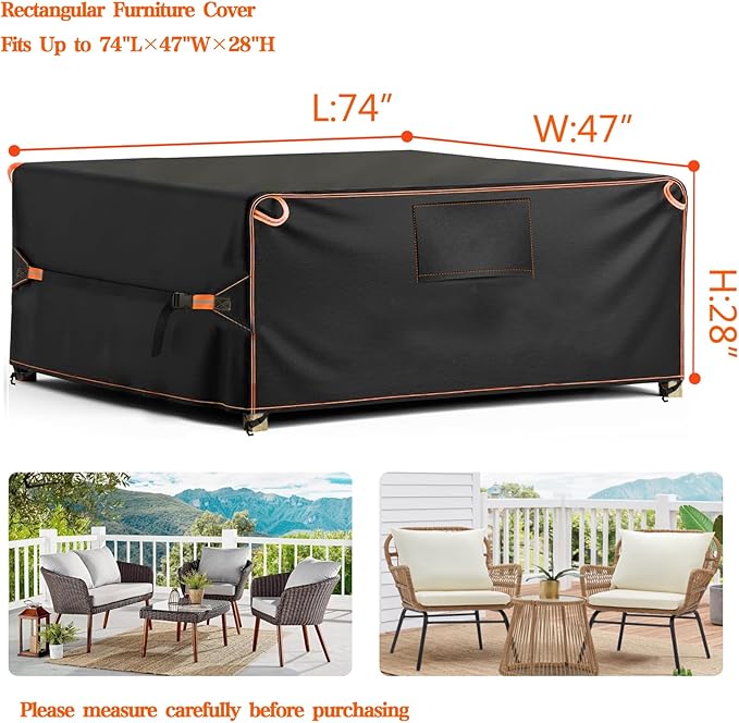 Outdoor Furniture Covers Waterproof, Rectangular Patio Table Chair Sofa Set Cover, Patio Furniture Covers with Upgraded Fastener Windproof Buckles 74" L×47" W×28" H