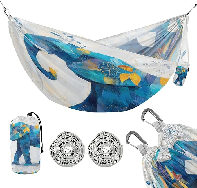 Floral Elephant White Camping Rope Hammocks Portable Swing 330 lbs Capacity for Outside Indoor Patio Backyard