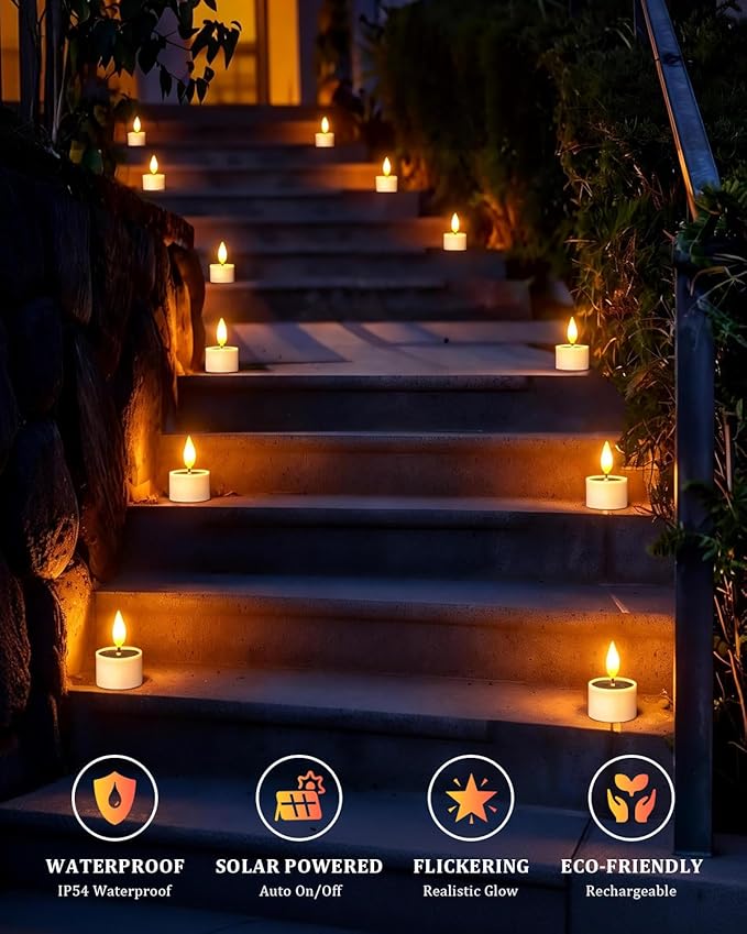 SoulBay Solar Tea Lights Outdoor Waterproof, 6 Pack Small Flameless Flickering Small Bright LED Candles Lights with Dusk to Dawn Sensor for Lanterns Window Chandelier Garden Patio Deck Décor