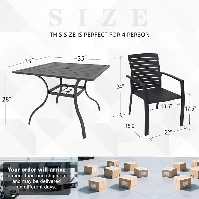5 Piece Patio 35" Square Table and Aluminum Chairs Dining Set for 4 Person | Aluminum Frame Chairs, Resin Chair Seat, Resin Chair Back, 4 Piece Stackable Chairs, 1 Piece Black Metal Table, 4 Person Set