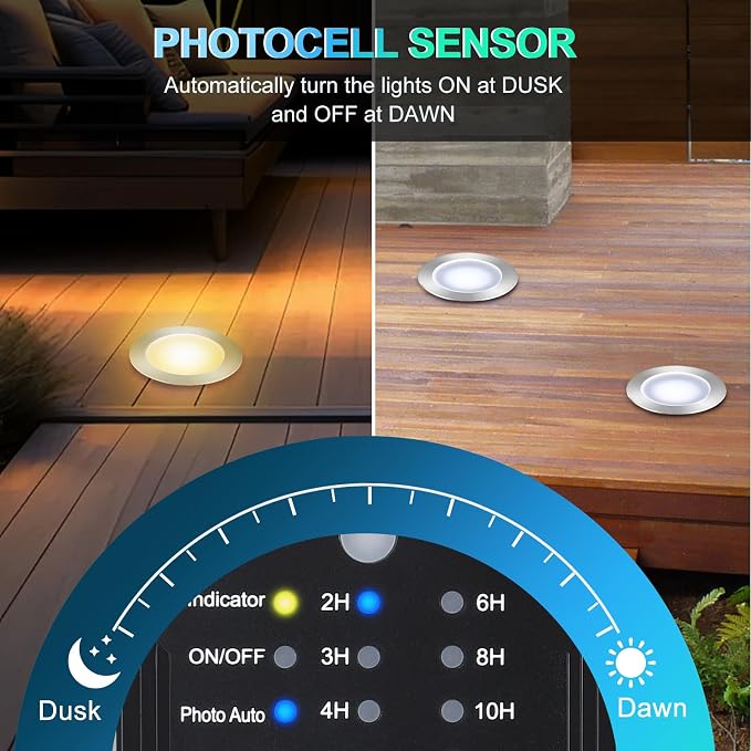 Dimmable LED Deck Lights with Timer and Photocell Sensor and Protecting Shell φ32mm,30Pack Outdoor LED Smart Deck Lighting IP67 Waterproof for Garden,Yard Stair, Patio, Floor Decoration