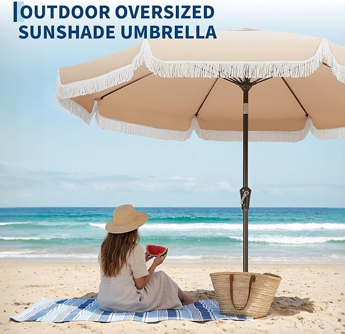 Garvee 10FT Fringe Patio Umbrella with Crank Handle, Push Button Tilt for Sun Shade, 8 Fiberglass Ribs, 1.5"D Premium Steel Pole, Outdoor Large Tassel Umbrella for Patio Beach Pool Backyard, 10' Beige