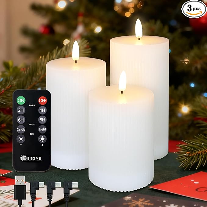 Rechargeable Flameless LED Pillar Candles–Luminous Real Wax Indoor Home Decor–Set of 3, Realistic Flickering LED Flame,Remote & Timer, USB-Rechargeable（White）