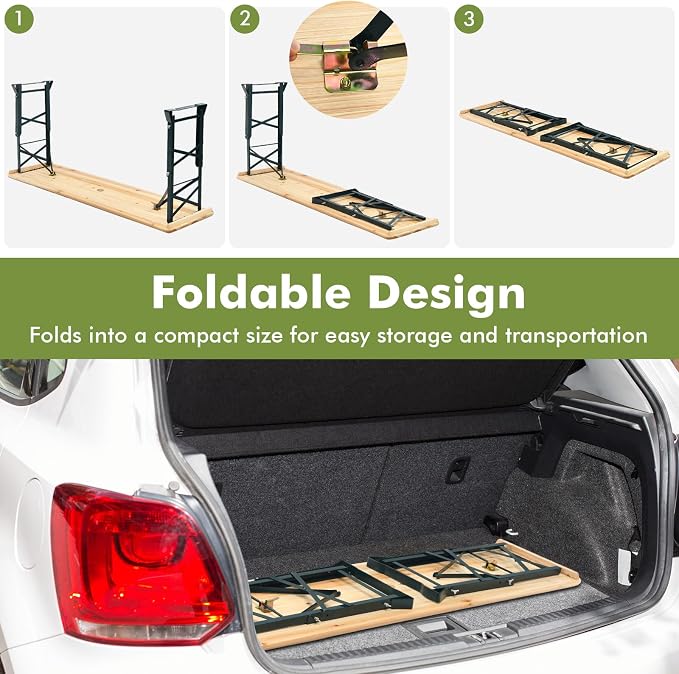 Goplus Folding Picnic Beer Table, 66.5” Outdoor Camping Table with Adjustable Heights, Umbrella Hole and Wood Top, Rectangular Portable Picnic Table for Patio Garden Party Backyard, No Assembly