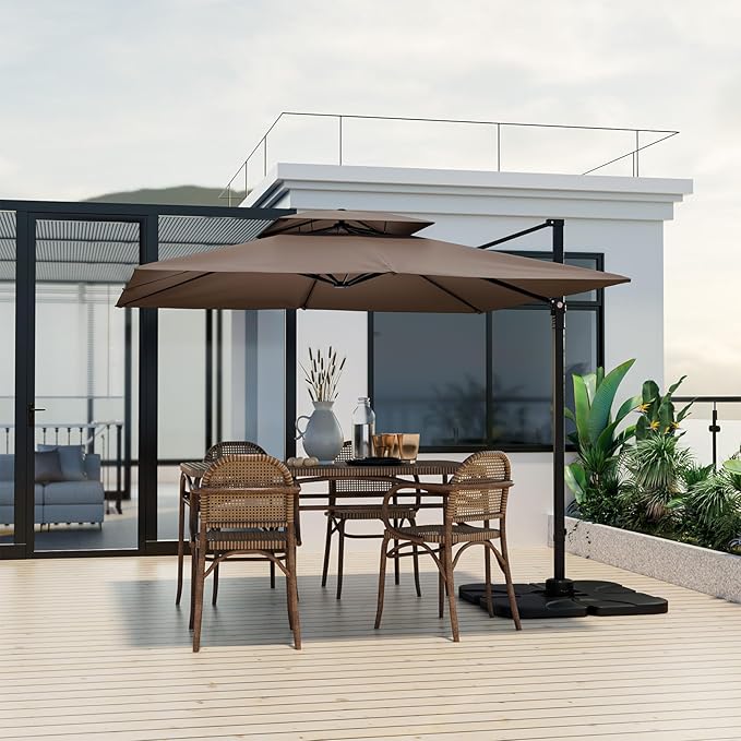 Tangkula 9.5 FT Cantilever Patio Umbrella, Outdoor Square Offset Umbrella with 360° Rotation, Double Top Heavy Duty Patio Hanging Umbrella with Cross Base for Garden Deck Pool Backyard (Tan)