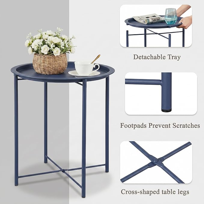 VECELO Side/End Table, Folding Round Metal Anti-Rust and Waterproof Outdoor or Indoor Tray for Living Room Bedroom Balcony and Office, 2 PCS, Blue