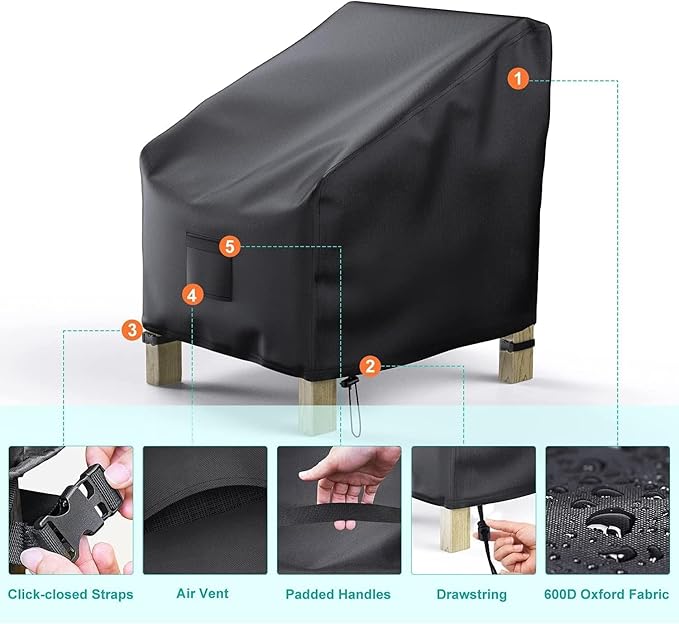 Patio Chair Covers for Outdoor Furniture Waterproof 2 Pack, Lawn Chair Covers 600D Heavy Duty Oxford Cloth, Large Covers for Lounge Lawn Deep Seat Black 40" W x 40" D x 36" H