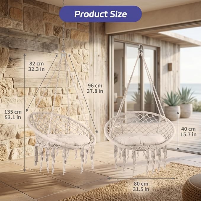 Cotton Woven Hammock Chair, 600 LBS Light Beige Handmade Macrame Hammock Without Stand, Indoor Outdoor Hammock for Patio Bedroom Garden Reading Decor