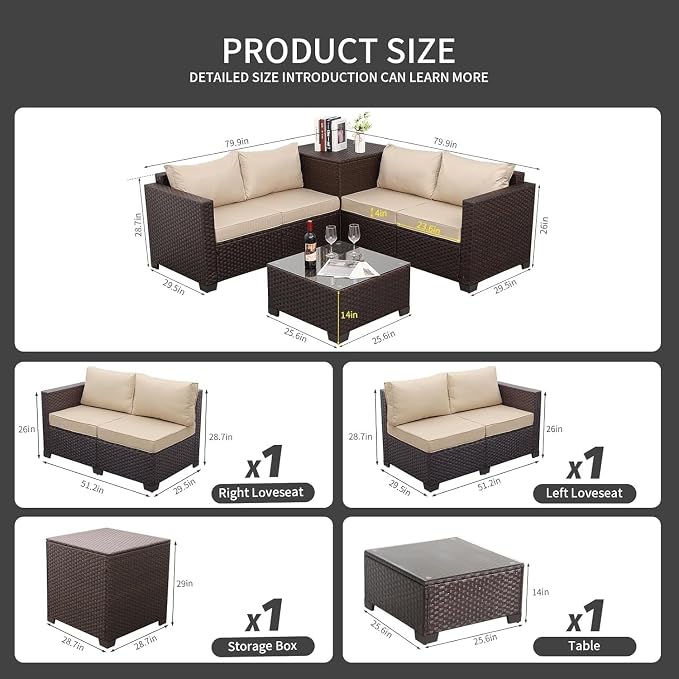 4-Piece Outdoor Patio Furniture Set with Dark Brown PE Wicker Rattan Sectional Loveseat Couch, Conversation Sofa with Storage Box, Glass Top Table, and Non-Slip Grey Cushions for Backyard Garden Loung
