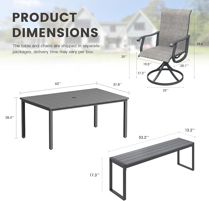 6 Pieces Outdoor Dining Set, Patio Table and Chairs Set with Garden Bench for 6-7 People, 63" Outdoor Dining Table and Swivel Patio Chairs for Deck Backyard, Grey and Dark Grey