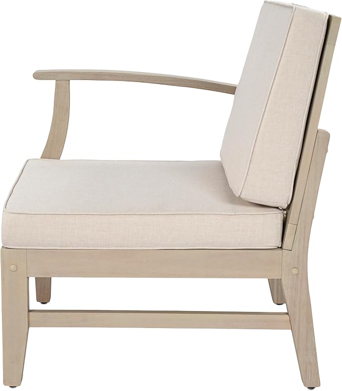 Christopher Knight Home Hugo Acacia Wood Outdoor Patio Furniture Set for 5, V-Shape Patio Sectional Sofa Set with Cushions and Slat Coffee Table, Modern Patio Conversation Set, Light White+Sand
