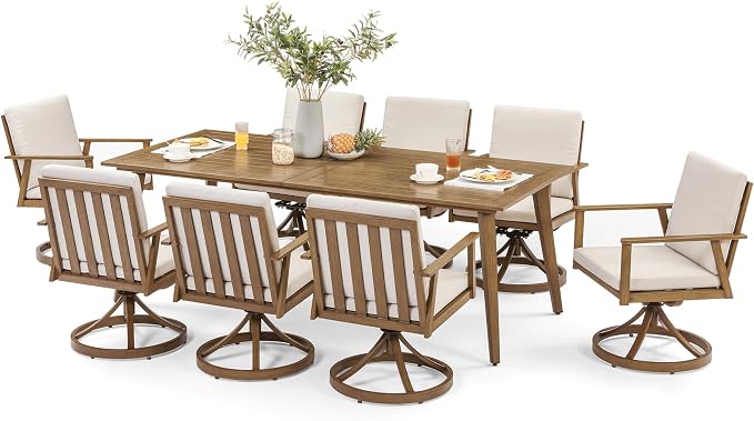 9 Pieces Patio Dining Set for 6, Aluminum Outdoor Dining Table Sets with Umbrella Hole, Modern Outdoor Patio Furniture Set with 8 Swivel Chairs and Table for Backyard, Poolside and Deck,Teak