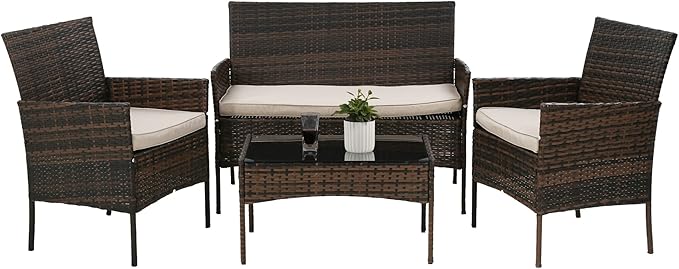 PayLessHere 4 Pieces Patio Furniture Set Rattan Outside Furniture Wicker Sofa Garden Conversation Sets with Soft Cushion and Glass Table for Yard Pool or Backyard,Brown
