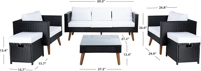 SAFAVIEH Outdoor Collection Presla Wicker Cushion 6-Piece Living Set PAT7715A-3BX, Black/White