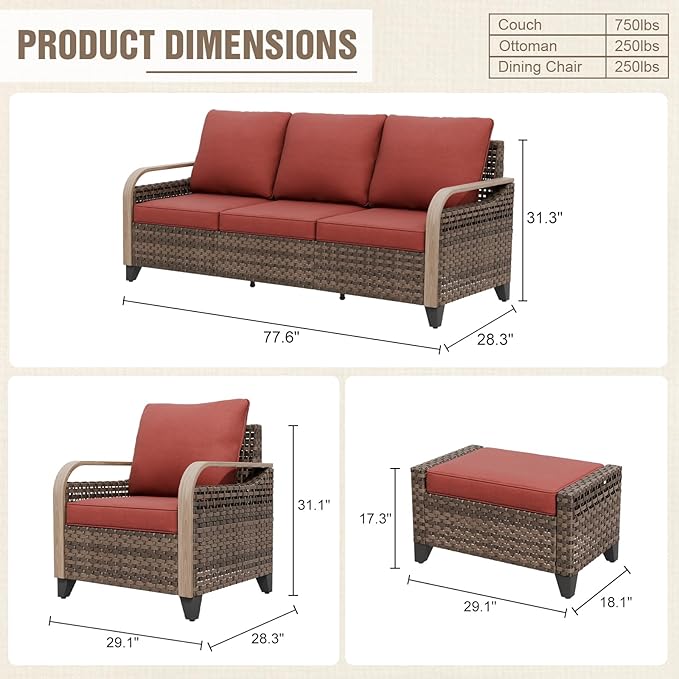 Modern Wicker Patio Furniture Set, Rattan Outdoor Conversation Set with Comfortable Cushions, 2 Patio Chairs, 3 Seat Couch and 2 Ottomans, 5 Pieces, Brown/Red