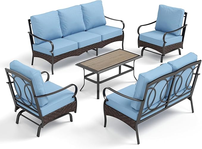 PHI VILLA Outdoor Modern Patio Furniture Set, Upgraded Wicker & Metal Patio Conversation Set with Waterproof Thick Cushions for Porch, Poolside, Yard (5 Pieces,Blue)