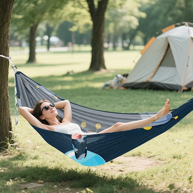 Cartoon Cute Blue-Gray Spaceship 330lb Capacity Outdoor Hammocks with Tree Straps Swing Hammock for Outside Patio Backyard Poolside hamacas para adultos 2 Personas