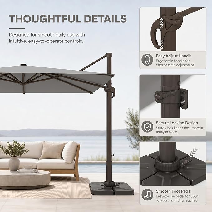 Cantilever Patio Umbrella, Large Square Outdoor Offset Umbrella with Aluminum Pole, 360-degree Rotation for Garden, Deck, Pool