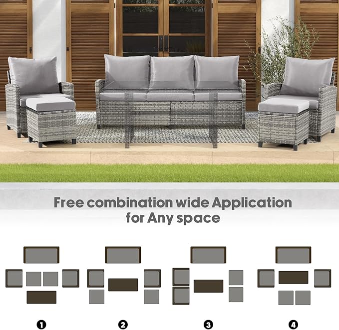 FHFO 5 Pieces Outdoor Patio Furniture Set, Wicker Sectional Sofa Patio Conversation Set Couch with Ottomans Rattan Chair and Table for Garden, Yard,Grey-Grey