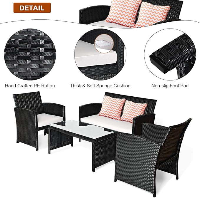 COSTWAY 4 Pieces Patio Rattan Furniture Set, Outdoor Wicker Conversation Set with Soft Cushions & Tempered Glass Coffee Table, Cushioned Chair Sofa for Backyard, Porch, Poolside, Lawn, Garden, White