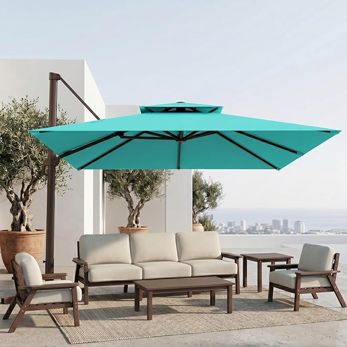 10'×10' Patio Umbrella, Double Top Aluminum Cantilever Umbrella with 360°Rotation, Offset Patio Umbrella with Easy Tilt for Pool Deck Garden Backyard, Turquoise (Base not Included)