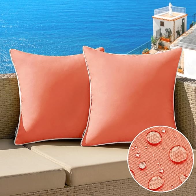 MIULEE Pack of 2 Outdoor Waterproof Pillow Covers Decorative Farmhouse Throw Pillow Covers Square Solid Color Couch Pillow Covers Spring for Patio Tent Bed Sofa Living Room 18x18 Inch Coral Red