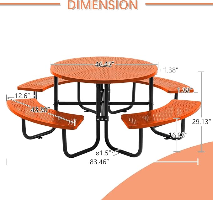 46" Round Metal Picnic Table with Umbrella Hole, Heavy Duty Outdoor Dining Set with Open Air Mesh Top, Stainless Steel Portable Table for Backyard, Patio, Garden - Orange (Orange-Round)