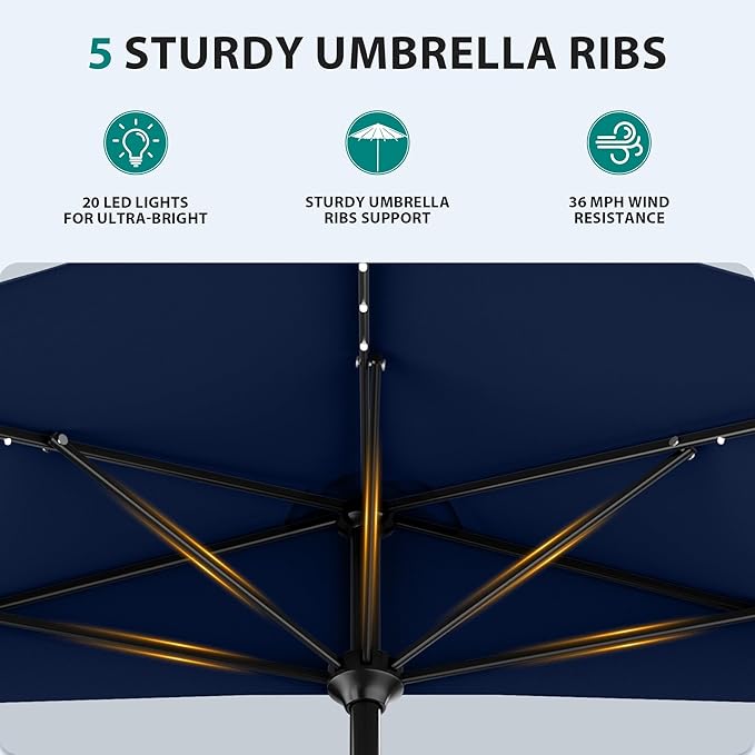 AreShark 9ft Patio Half Umbrellas with Solar Lights, 1/2 LED Half Outdoor Umbrella w/ 20 LED Lights, Lighted Table Wall Umbrella with Crank & 5 Sturdy Ribs for Market, Pool, Deck, Lawn and Garden, Navy