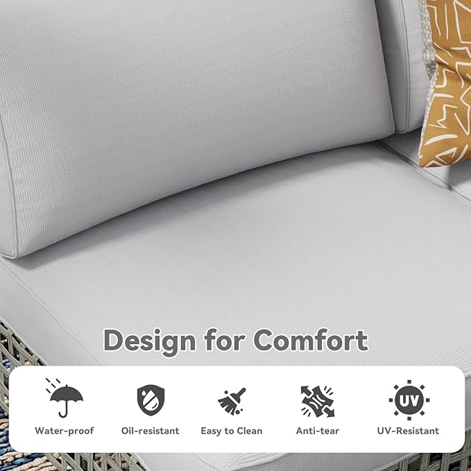 AECOJOY 7 PCS Patio Outdoor Furniture Set with Tea Table, Boho Outdoor Sectional Outdoor Sofa Wicker Conversation Set, Grey Rattan&Light Grey Cushions