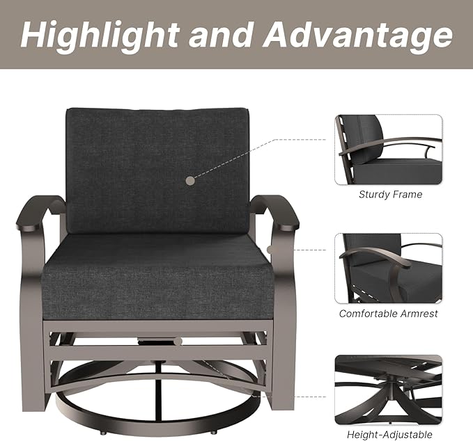 Gotland Outdoor Aluminum Patio Furniture Set with Fire Pit Table, 5 Pieces Metal Patio Furniture with 2 Swivel Rocking Chairs Waterproof 5.1'' Seat Cushions, for Garden Balcony Porch