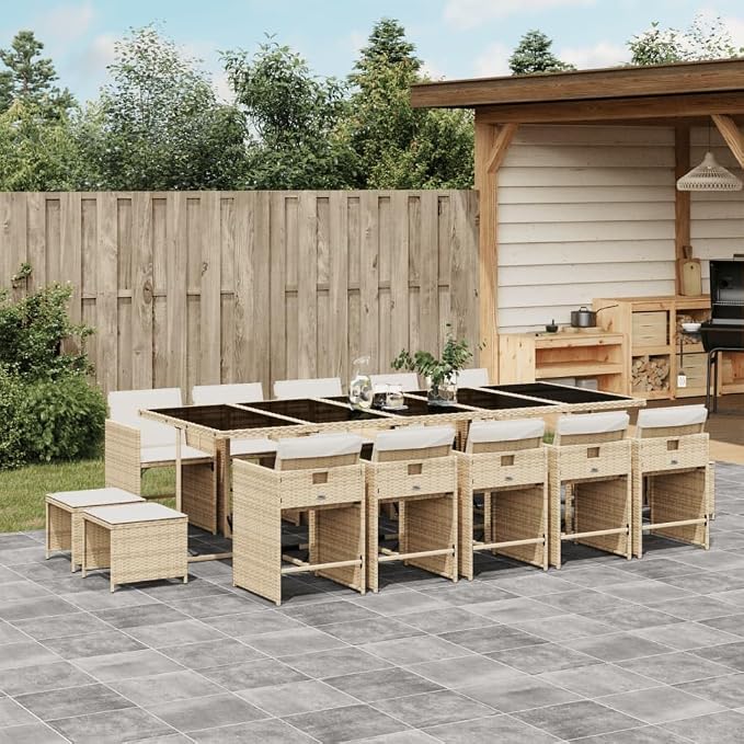 15 Piece Patio Dining Set with Cushions, Foldable PE Rattan Garden Furniture for Outdoor Backyard, Beige
