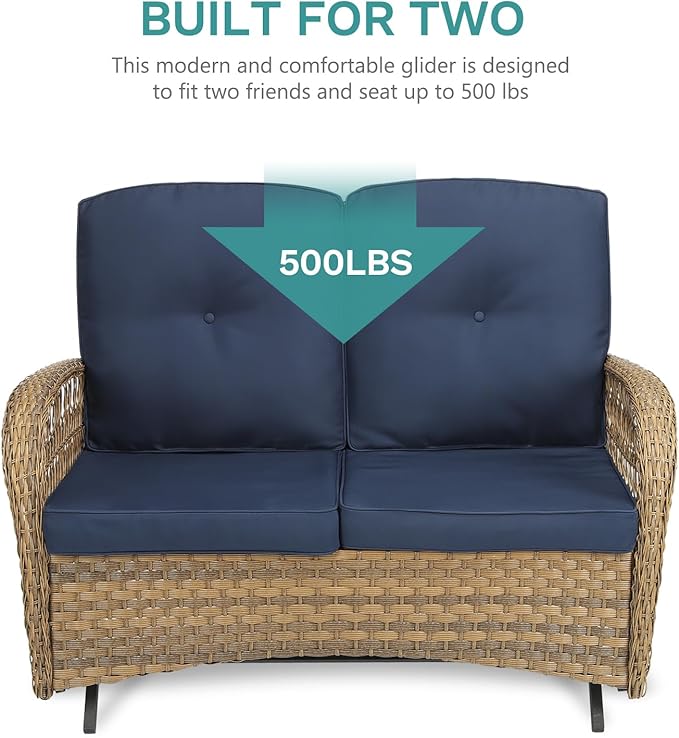 MEETWARM 5 Pieces Outdoor Patio Rattan Furniture Sets, All Weather Patio Wicker Conversation Set - 2 Rocking Swivel Chairs 1 Rattan Loveseat Glider w/Cushions, 2 Glass-Top Coffee Table, Navy Blue