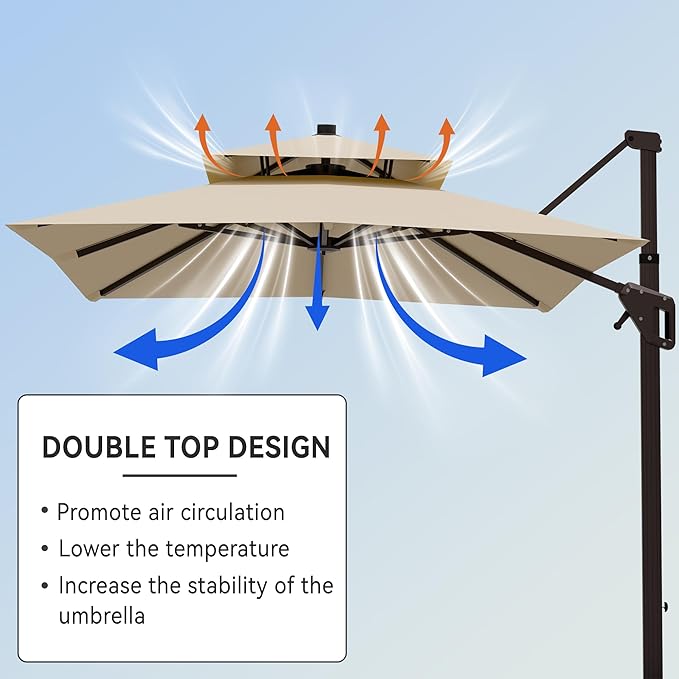 10' X 13' Cantilever Patio Umbrella Double Top Rectangular Outdoor Large Offset Umbrellas with 7 Tilts Adjustable 360°Rotation for Deck Pool Garden Backyard, Beige
