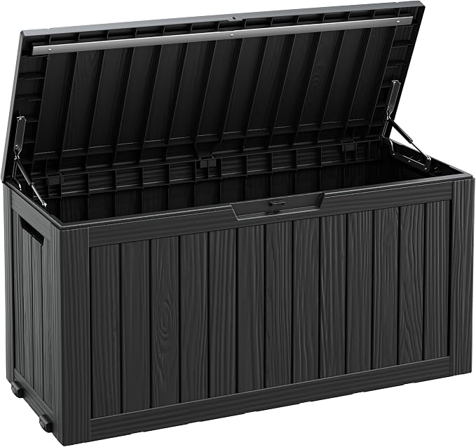 Fancyango 90 Gallon Outdoor Deck Box Waterproof, Large Storage Box for Patio, Resin Storage Bench Lockable for Garden Tools, Package Delivery, Black
