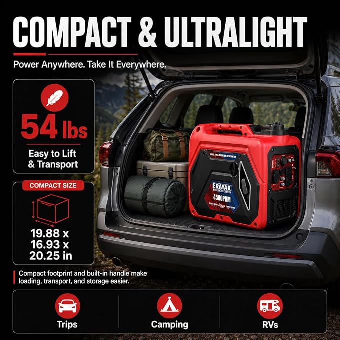 ERAYAK 4500W Dual-Fuel Portable Inverter Generator for Home Use, Camping Outdoor, 30A RV Ready, Auto Switch, Gas and Propane Powered, EPA, CO Sensor, Parallel Ready, Campact Design