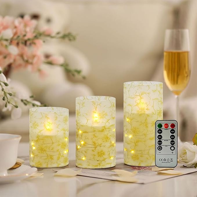 Flickering Flameless Candles, Recessed String Light LED Candles 3D Wick Acrylic Battery Operated LED Pillar Candles with Remote and Timer for Modern Simple Home Decor Set of 3(Gold Flower)