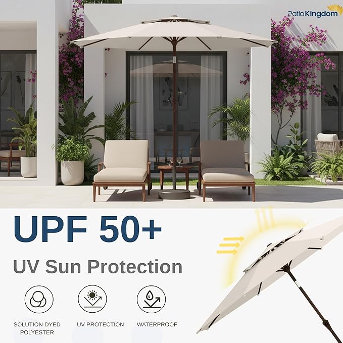 9FT Patio Umbrella 2-Tier Outdoor Market Table Umbrella with Push-Button Tilt & Crank | UPF 50+ & Waterproof for Backyard,Garden,Pool,Deck(Creamy-white)
