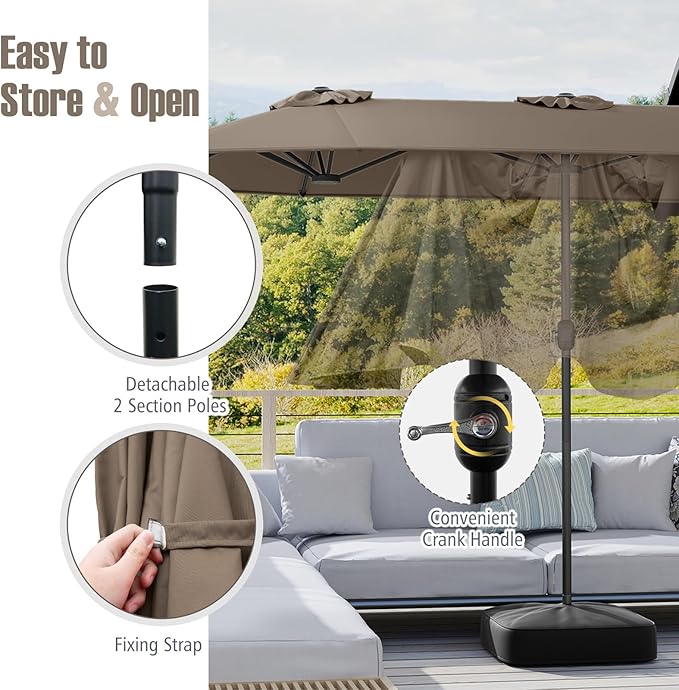 Tangkula 13FT Double-sided Patio Umbrella, Extra Large Twin Table Umbrella with Crank Handle, Umbrella Base, Safety Lock, Air Vent, Outdoor Market Umbrella for Garden Pool Backyard (Tan)
