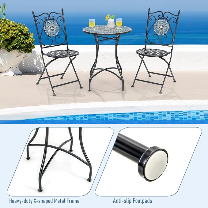 Giantex 24 Inch Patio Bistro Table, Mosaic Round Table w/Ceramic Tile Tabletop, Heavy-Duty Metal Structure, Outdoor Dining Table for Backyard, Garden, Porch (Multicolor (Floral Pattern))