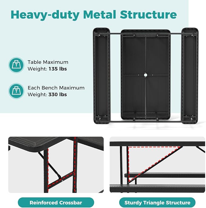 LDAILY Picnic Tables with Benches, Rectangular Dining Table Set for Outside 4 People, HDPE Tabletop, Metal Frame, Umbrella Hole, Heavy Duty Picnic Table for Outdoors, Patio, Lawn, Commercial (Black)