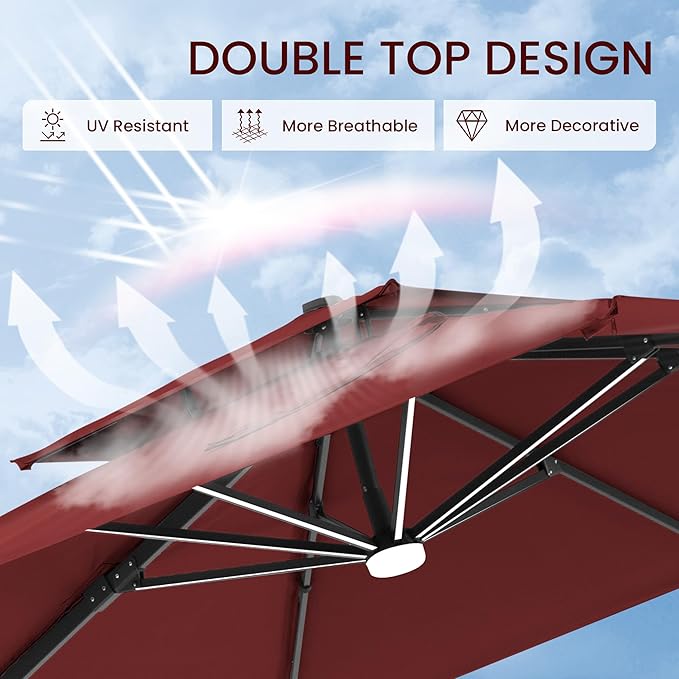 10x10 FT Cantilever Patio Umbrella with Base and Led Lights Double Top Outdoor Square Large Heavy Duty Aluminum Offset Umbrellas with 7 Level Tilt 360-degree Rotation for Pool Garden Deck, Wine Red