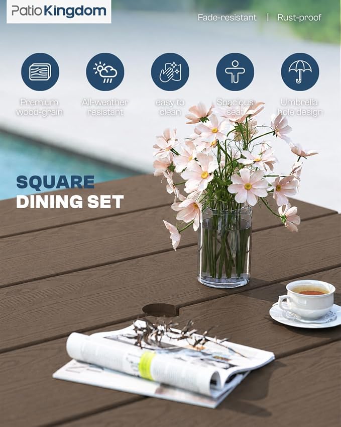 HDPE Outdoor Dining Set for 4, Square Table and Chairs, Brown | All-Weather HDPE, Wood Grain Finish, 42.5" Square Table, Built-In Umbrella Hole, Seats 4, Patio & Poolside Ready