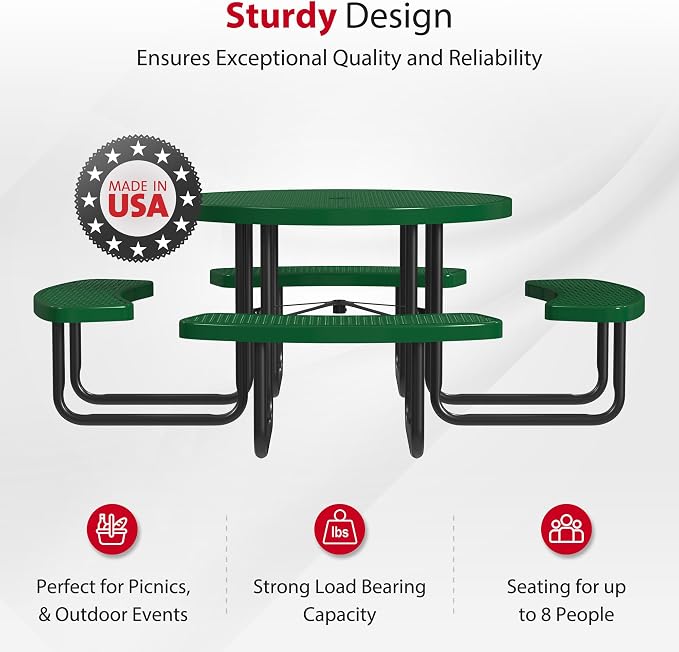 Leisure Craft Metal Picnic Table with Bench - 46" Round Outdoor Dining Table for 8 with Umbrella Hole, Weatherproof Heavy Duty Thermoplastic Coating, Commercial Grade Furniture Made in USA - Green