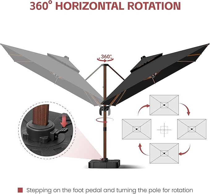 GENTEACO 10x13FT Wood Pattern Cantilever Patio Umbrella, Double Top Rectangle Offset Umbrella 7 Angle Tilts & 360° Rotation, Large Heavy Duty Outdoor Sun Umbrella for Pool Market, Black