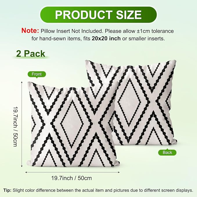 M METERXITY 2Pcs Boho Pillow Cover 20x20 Linen White Black Stripe | Water Resistant Boho Geometric Slipcover, for Patio, Balcony, Garden, Decor Pillow Case