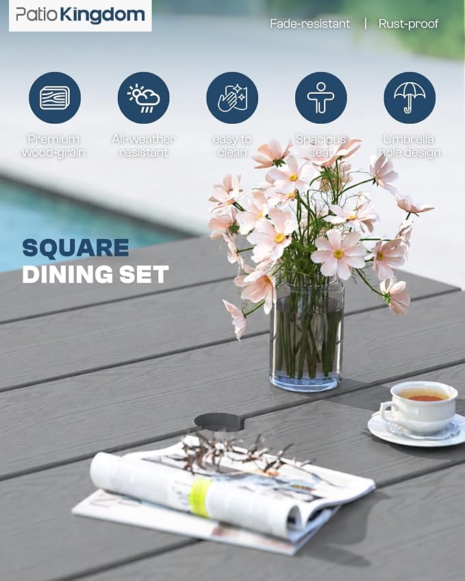HDPE Outdoor Dining Set for 4 with 10FT Umbrella, Grey | All-Weather HDPE, Wood Grain Finish, 42.5" Square Table, Built-In Umbrella Hole, Seats 4, Patio & Poolside Ready